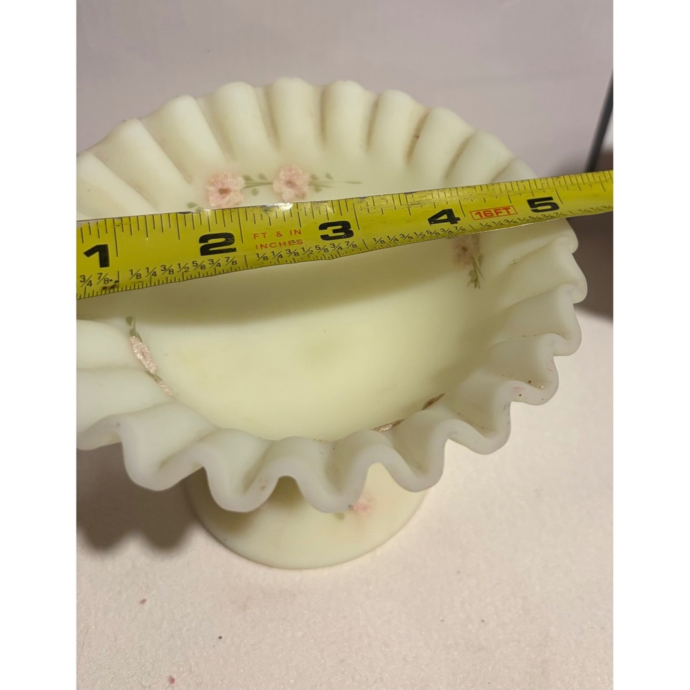Fenton Custard Uranium Glass Compote Hand Painted Floral Ruffled Dish 5.25" - Picture 3 of 5